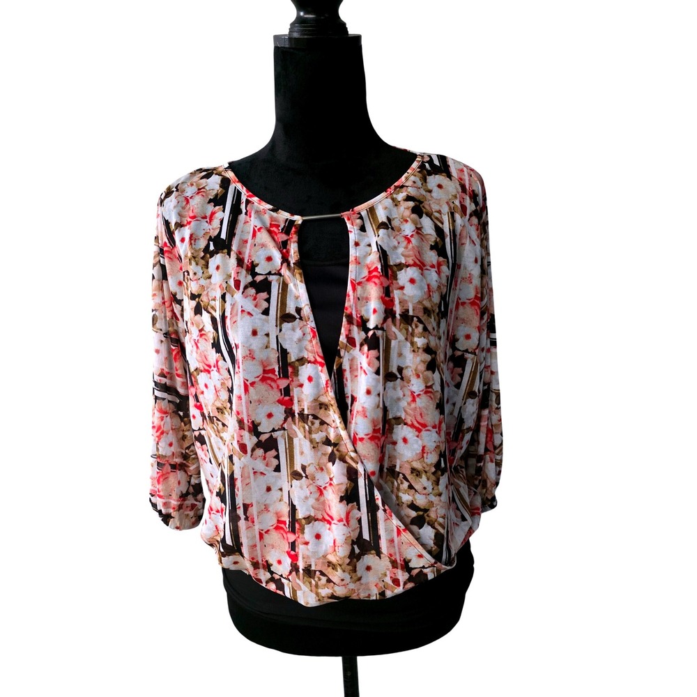 Jennifer Lopez Womens XS Floral Stripe Surplice Blouse Black Pink 3/4 Sleeve A3